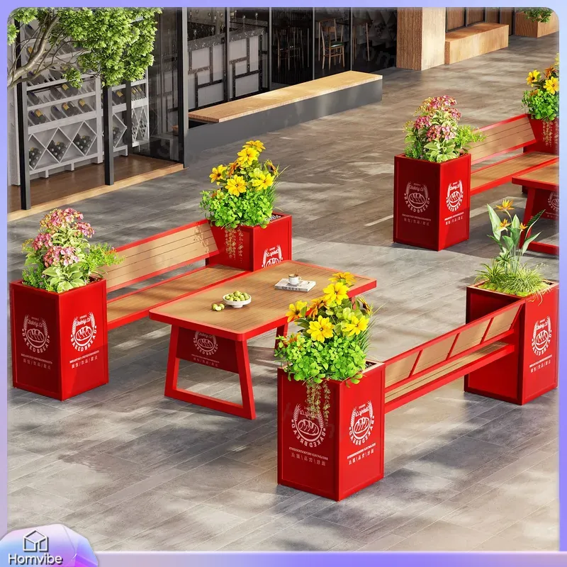 Outdoor Furniture For Cafe - Bangku dengan Kotak Bunga WPC untuk