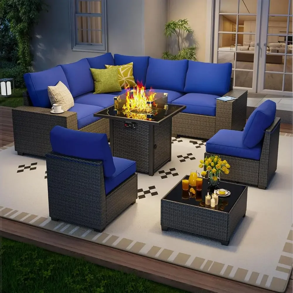 Outdoor Furniture Set With Fire Pit - Set Furnitur Teras Luar Ruangan 9-Potong