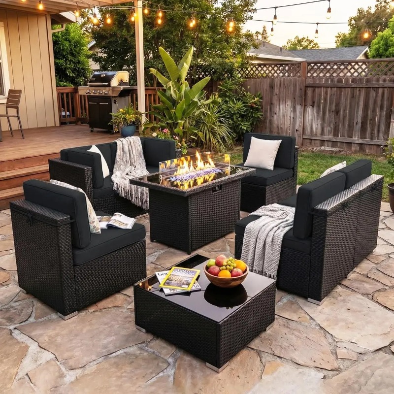 Set Sofa Anyaman 8-Potong untu - Outdoor Furniture Set With Fire Pit ulasan dan harga