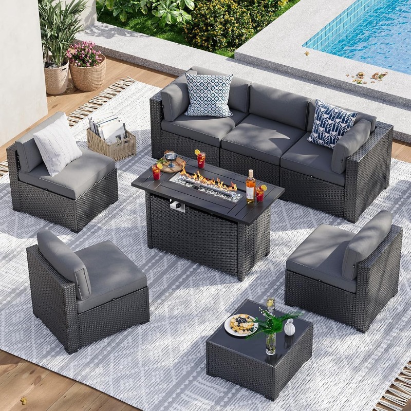 Set Furnitur Teras Aoxun 8 Bua - Outdoor Furniture Set With Fire Pit ulasan dan harga